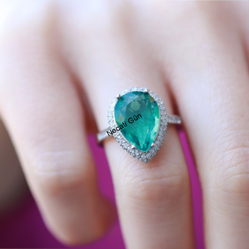 Paraiba Turmalin Taşlı Damla Modeli Gümüş Yüzük