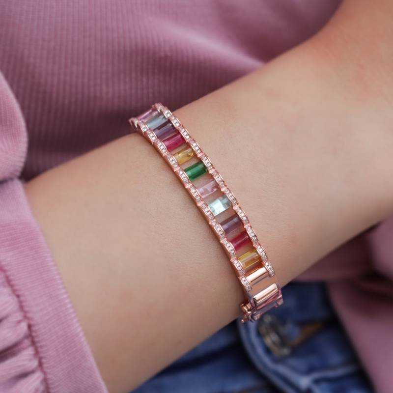 Rainbow Renkli Taşlı Rose Gold Kaplama Bileklik